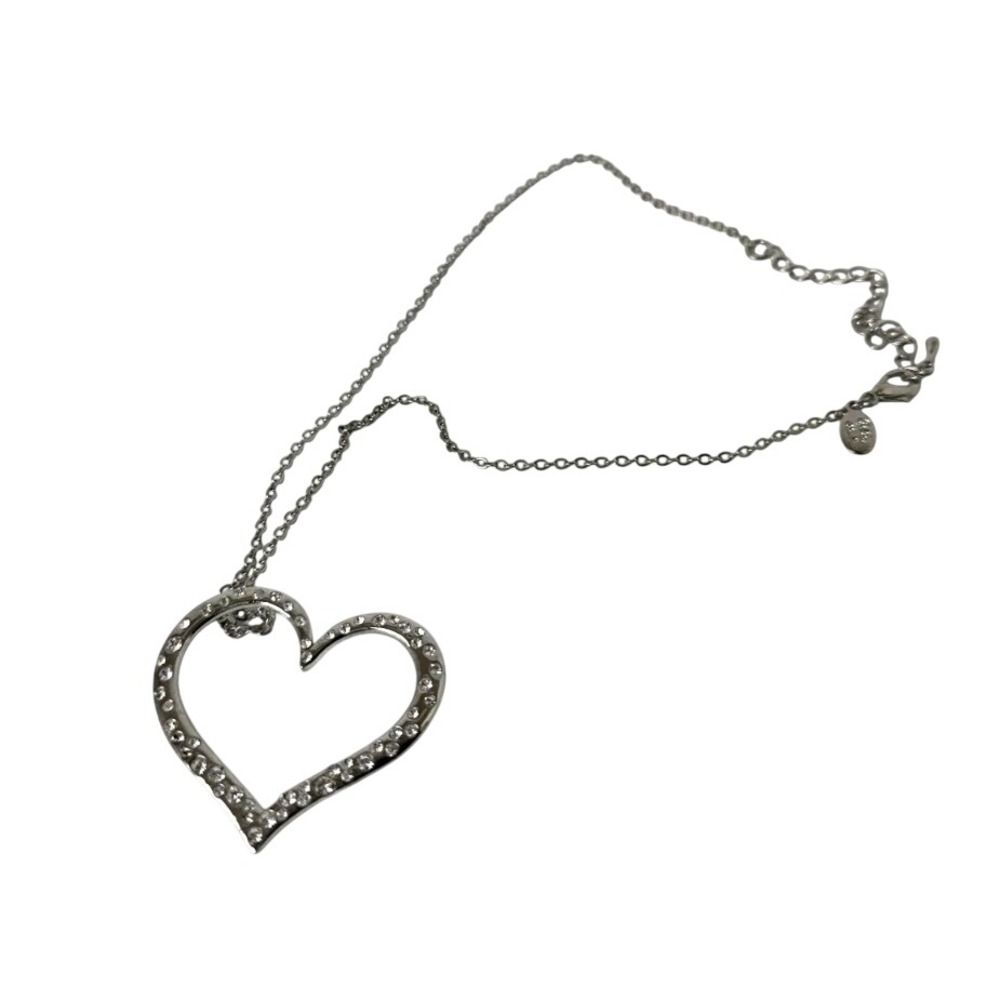 Silver Tone Rhinestone Open Heart Pendant‎ Necklace Adjustable Chain